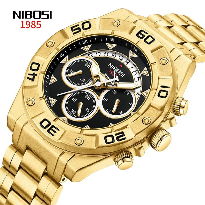 

NIBOSI Fashion Big Dial Mens Watches Top Brand Luxury Stainless Steel Waterproof Gold Quartz Watch for Men Relogio Masculino