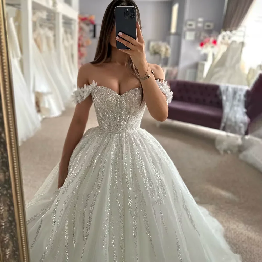 Customzied  Luxury Glitter Lace Wedding Dress A-Line Shiny Off Shoulder Sweetheart Bridal Gown Princess Sparkly Bride Gown
