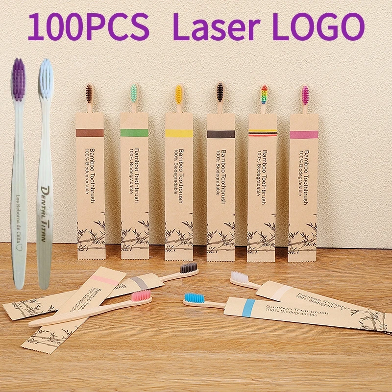 

100pack Customized Laser Engraving Logo Bamboo Toothbrushes Portable Eco Friendly Adults Wooden Tooth Brush Hotel Supply product