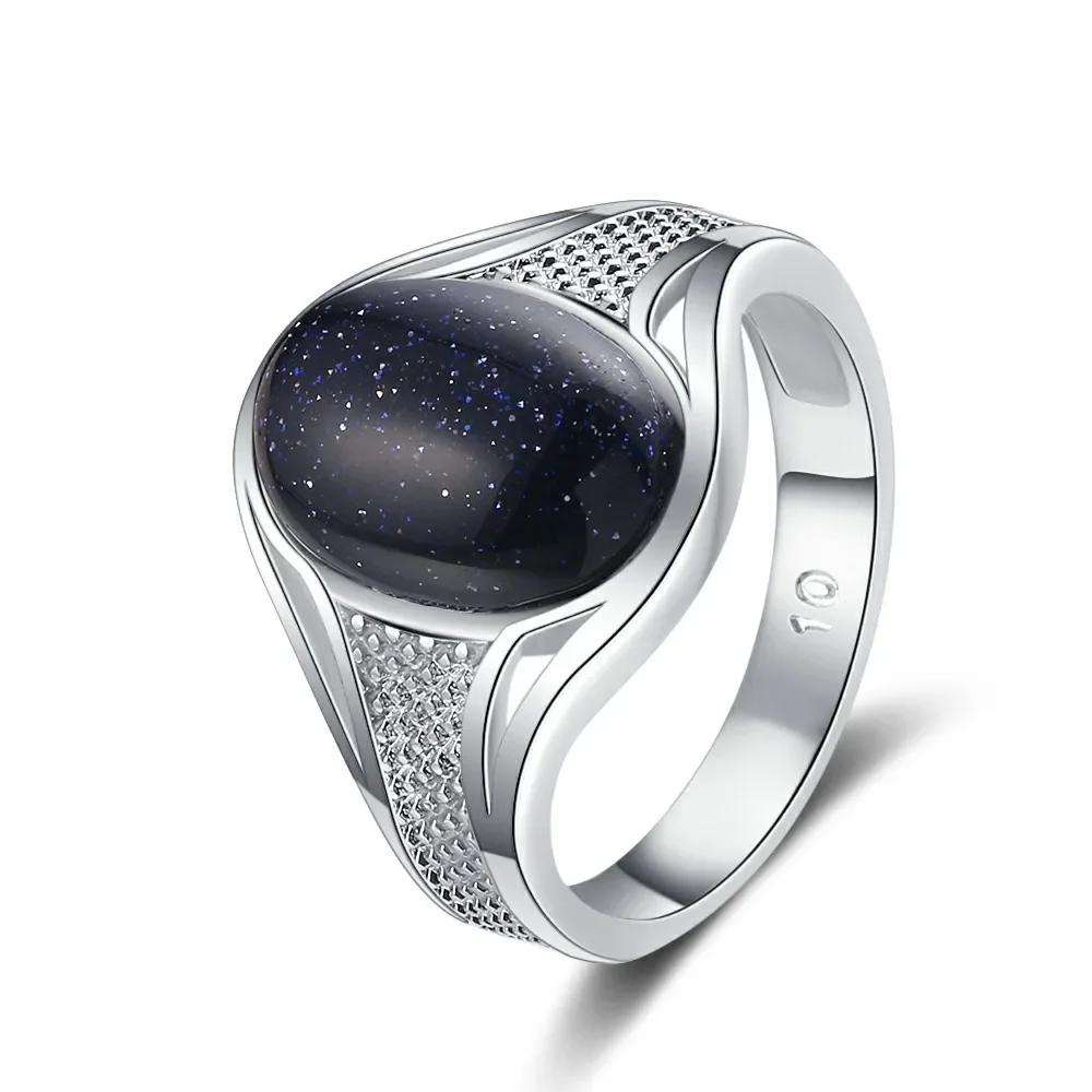 Vintage 10*14mm Bluesand Stone Ring for Women Men S925 Silver Plated Oval Natural Gemstone Jewelry Party Anniversary Gift FCGJHW