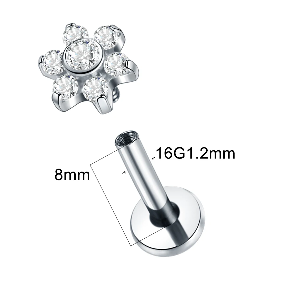 1/5PCS Titanium Crystal Flower Tragus Piercing 16G Internal Thread Daith Helix Earring Cartilage Piercings Nose Lip Stud Jewelry