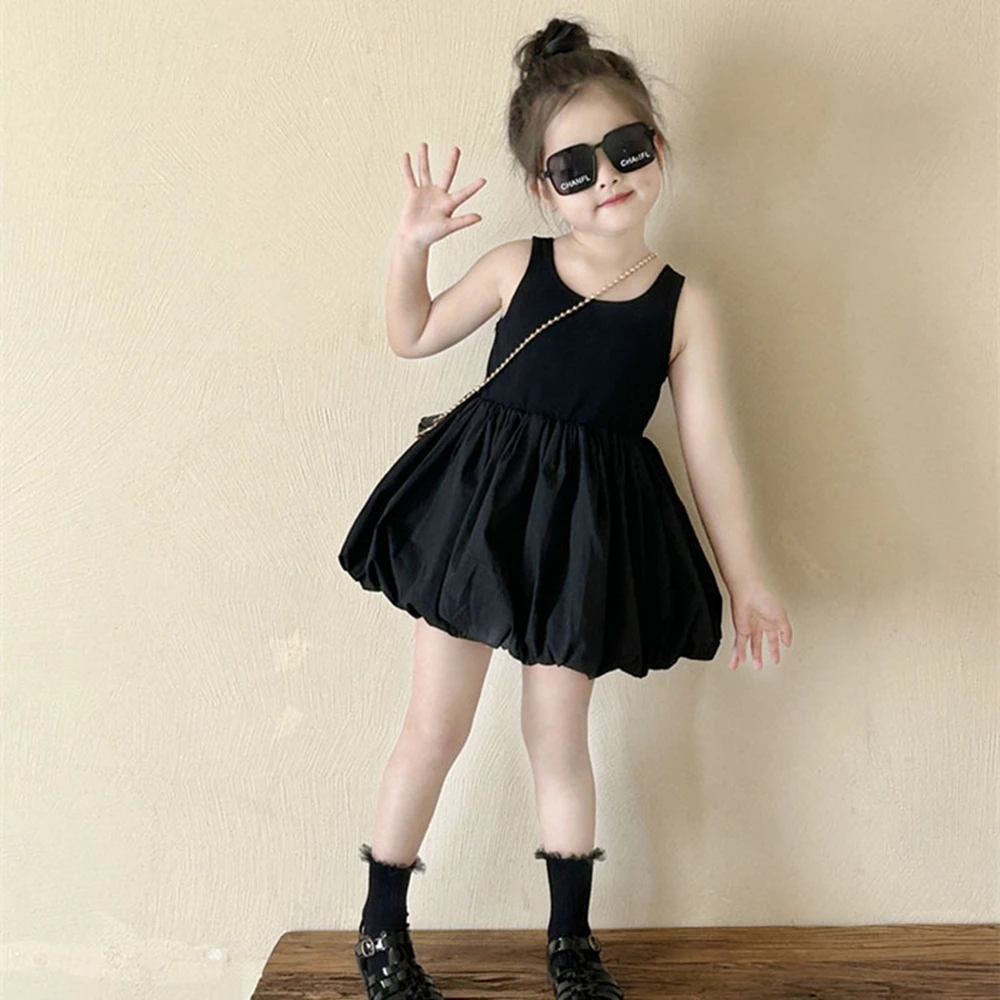 Fashion Summer Toddler Girls Dress Black Sweet Cool Wind Cross Backless Shoulder Party Princess Sleeveless Dresses For 1-7Yers