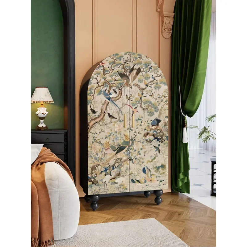 French flower and bird solid wood wardrobe, living room decorative cabinet, bedroom, bedside door storage, locker, clothes hangi