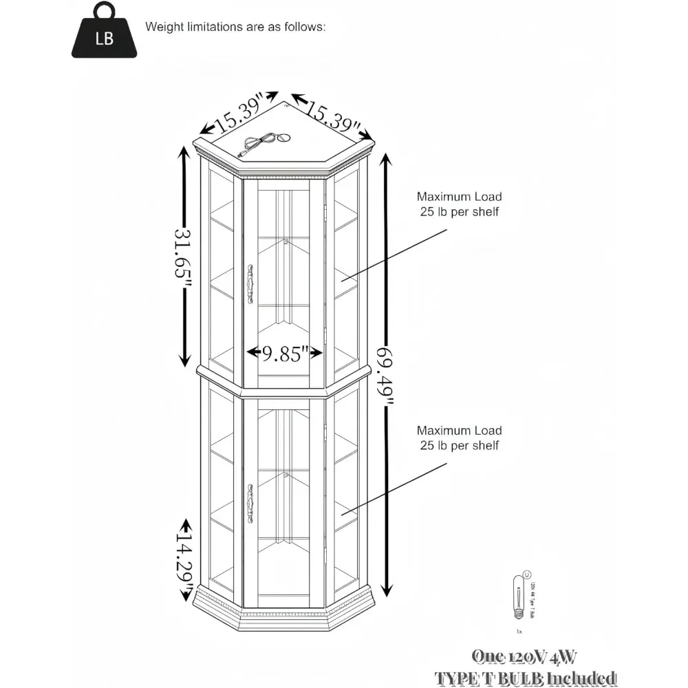 Vetrina angolare in legno Curio Cabinet, contenitore per liquori con scaffalature a due sezioni, scaffale angolare per Curio