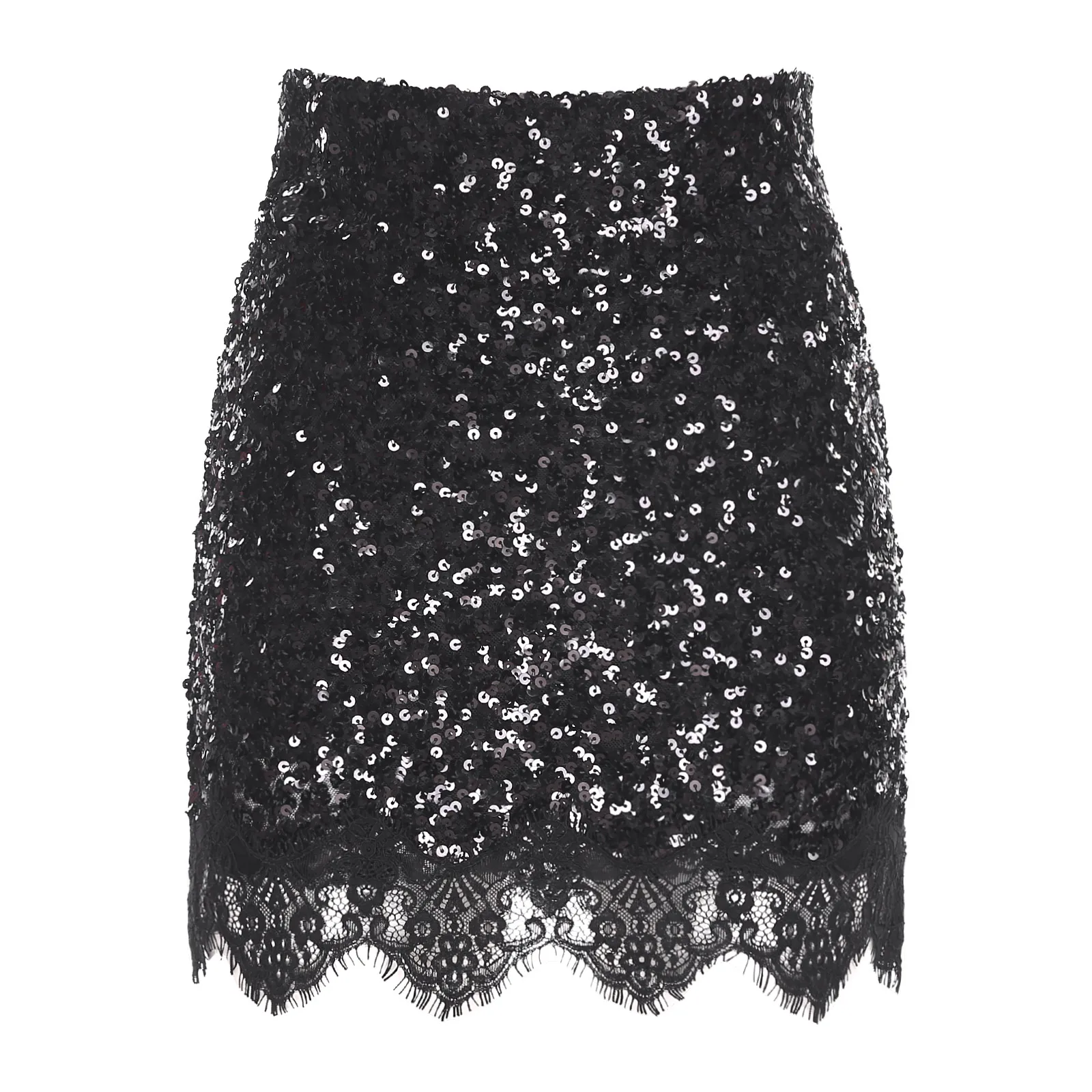 

Womens Glittery Sequin Bodycon Miniskirt High Waist Lace Trim Skirt Banquets Cocktail Party Sequined Skirts Nightclub Clubwear