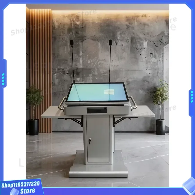 Electric Adjustable Smart Conference Podium with Dual Screen OPS PC and Wireless Gooseneck Microphone System All in One Stand