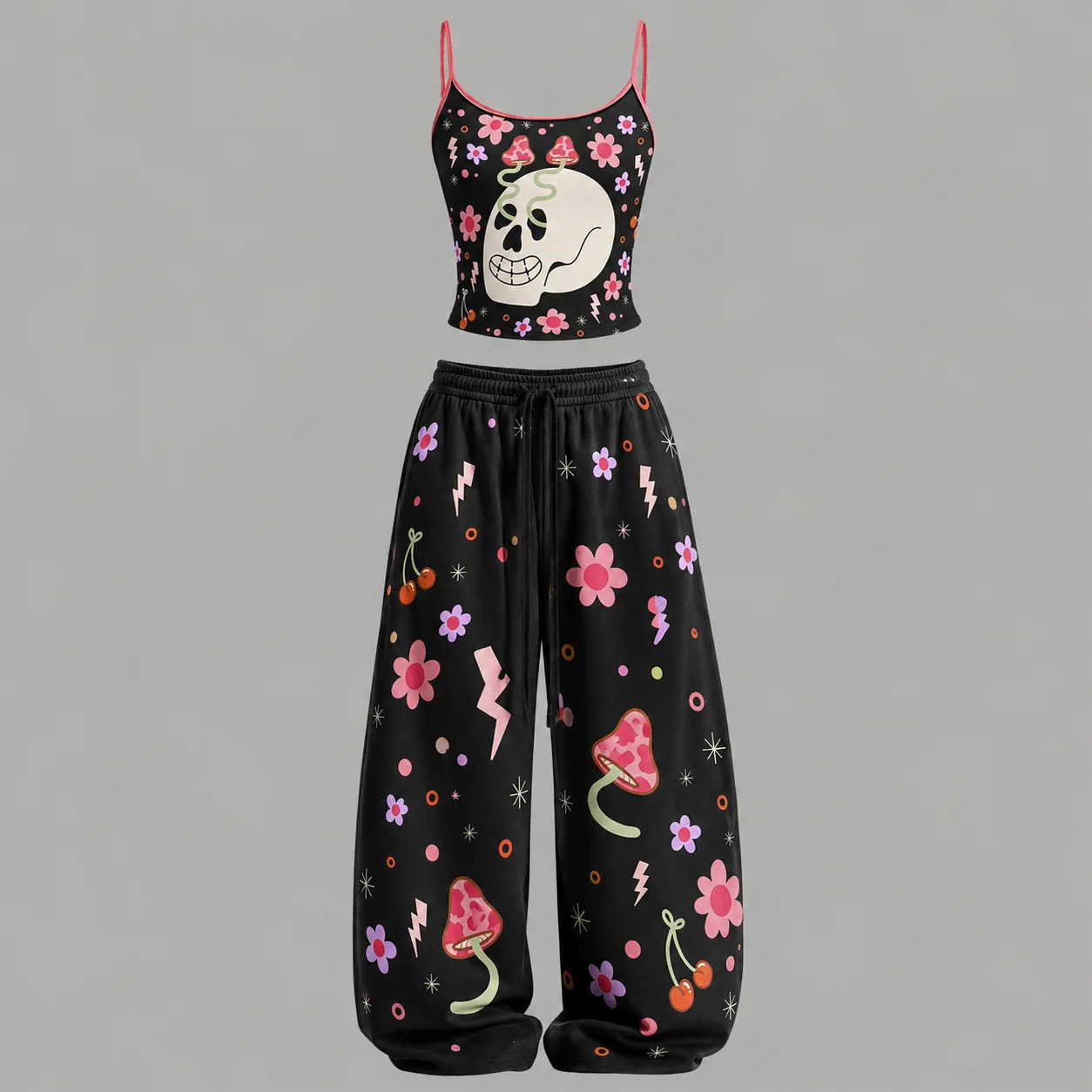PLstar Cosmos New 3D-Printed Two-Piece Set: Cute Skull, Flower, and Mushroom Art Print Tank Top and Wide-Leg Pants