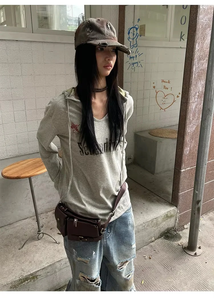 Damen Y2K Vintage Kapuzen-Langarm-T-Shirt mit V-Ausschnitt, Buchstaben- und Sternen-Print, lockerer Hoodie mit Kordelzug, Streetwear-Tops – Detail 5