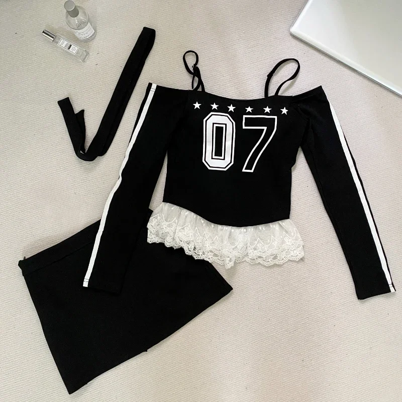 2000s Aesthetic Lace Elegant 2 Piece Sets Woman Sexy Off Shoulder Design Mini Skirt Suits Female Korea Style Chic Outfits Spring