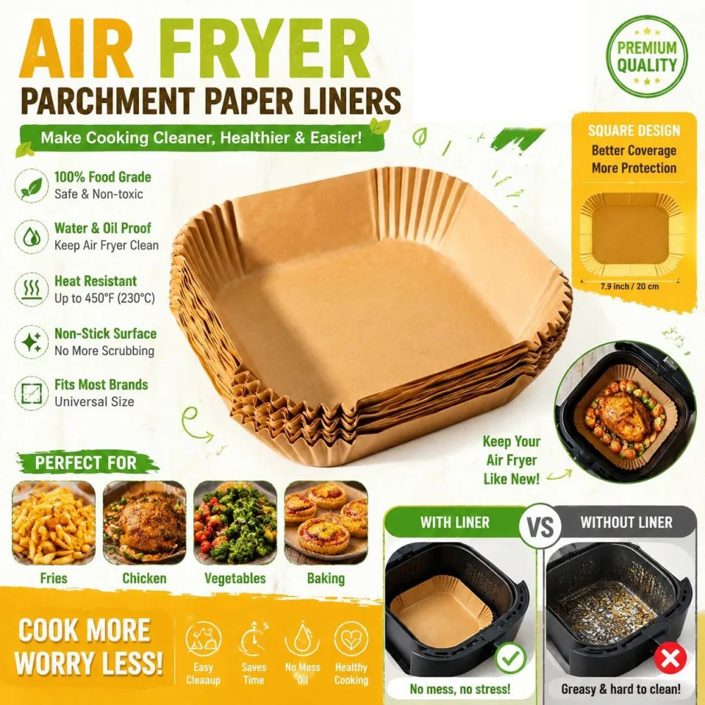 Air Fryer Disposable Paper Liner Square Air Fryer Liner Oil & Waterproof Parchment Paper for Baking Roasting & BBQ