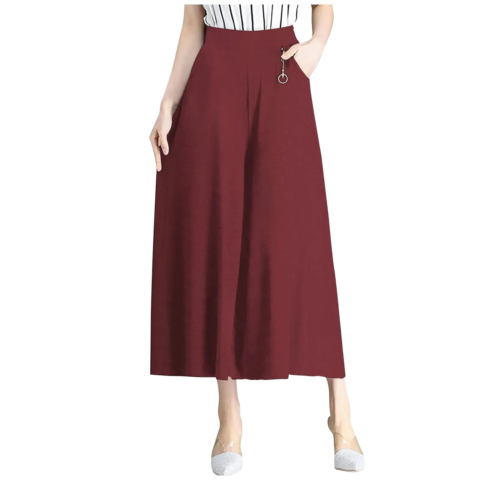 Women's Wide Leg Pants Micro-elastic Ankle-Length Culottes Baggy Waist Fashion Work Daily Side Pockets Comfort Plain Trousers