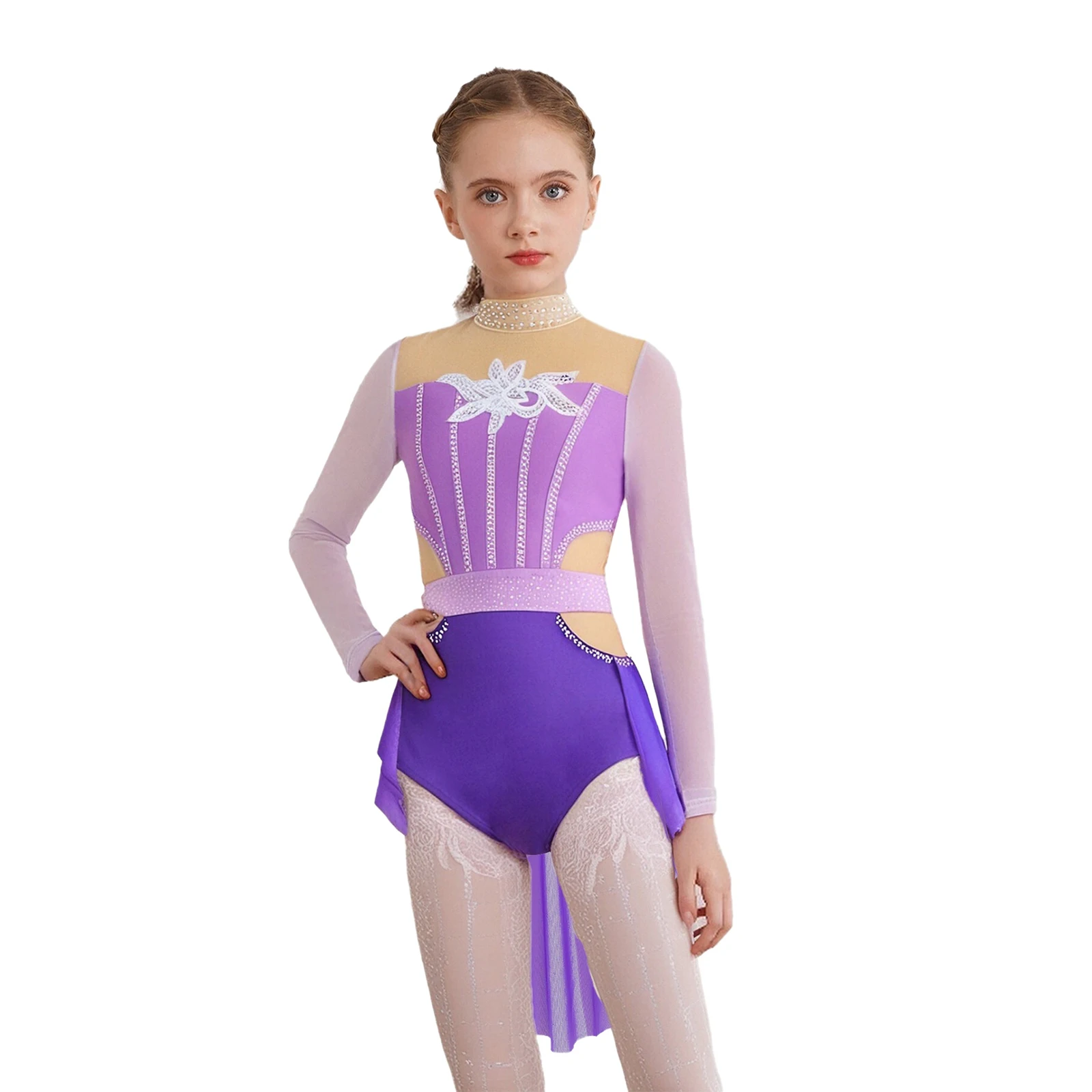 

Kid Girls Figure Skating Bodysuits Long Sleeve Rhinestones Mesh Overlay Skirted Gymnastics Leotards Modern Lyrical Dance Costume
