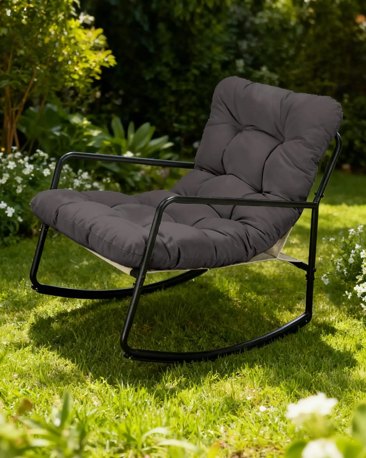Metal Patio Rocking Chair with Cushion, Papasan Lounge Rocker for Porch Living Room Garden Lawn, Dark Grey, Customized