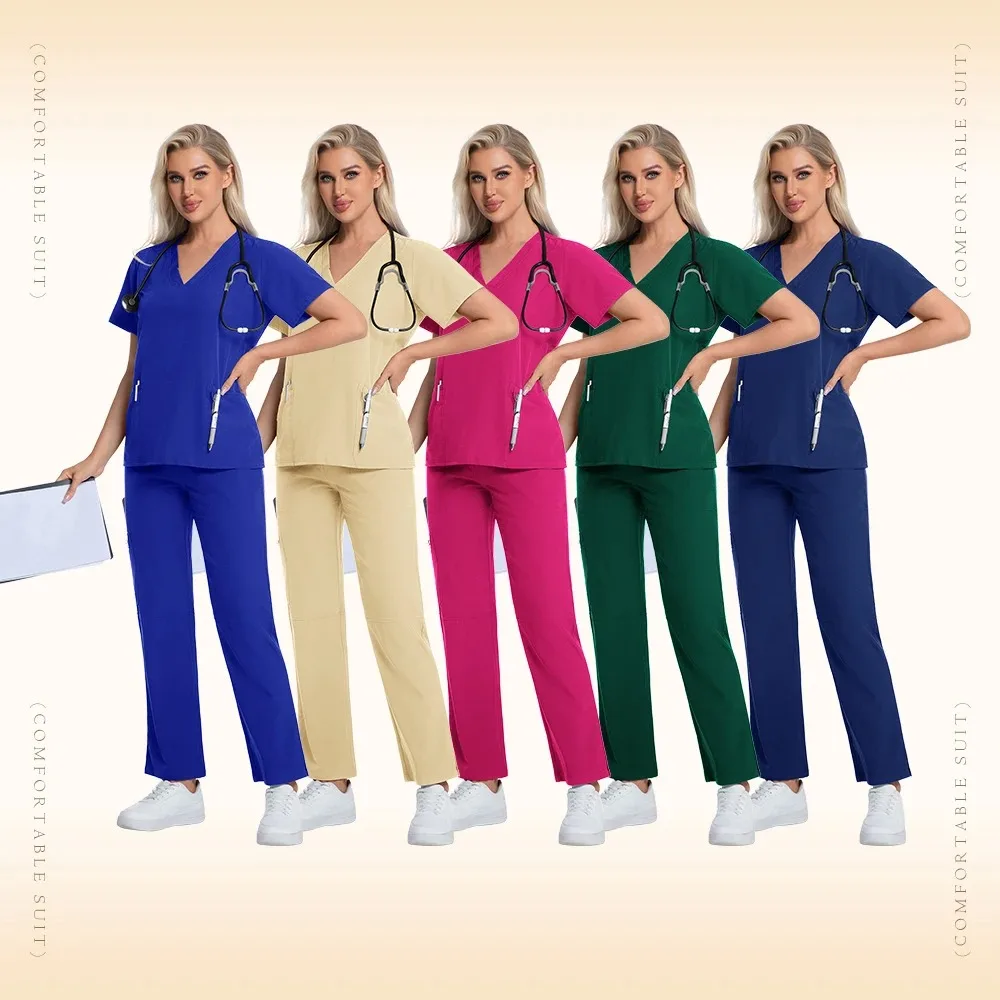 Women's Elegant Bow Design Summer Nurse's Scrub Sets Wash-Washable Short-Sleeved Straight Pants for Dental Hospital Uniforms