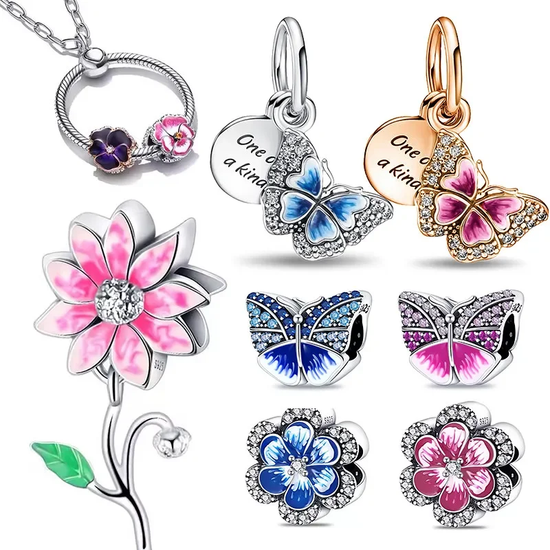 

925 Sterling Silver Pink Blue Daisy Flower Butterfly Charms Beads Fit Original Pandora Bracelet DIY Jewelry for Women Gift