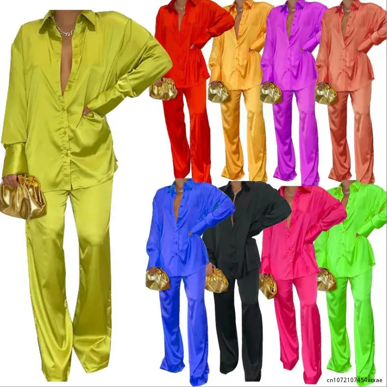 

Elegant Satin Women's Two Pieces Set Long Sleeve Shirt Wide Leg Pants Suit Female 2023 Casual Matching Sets Outfits