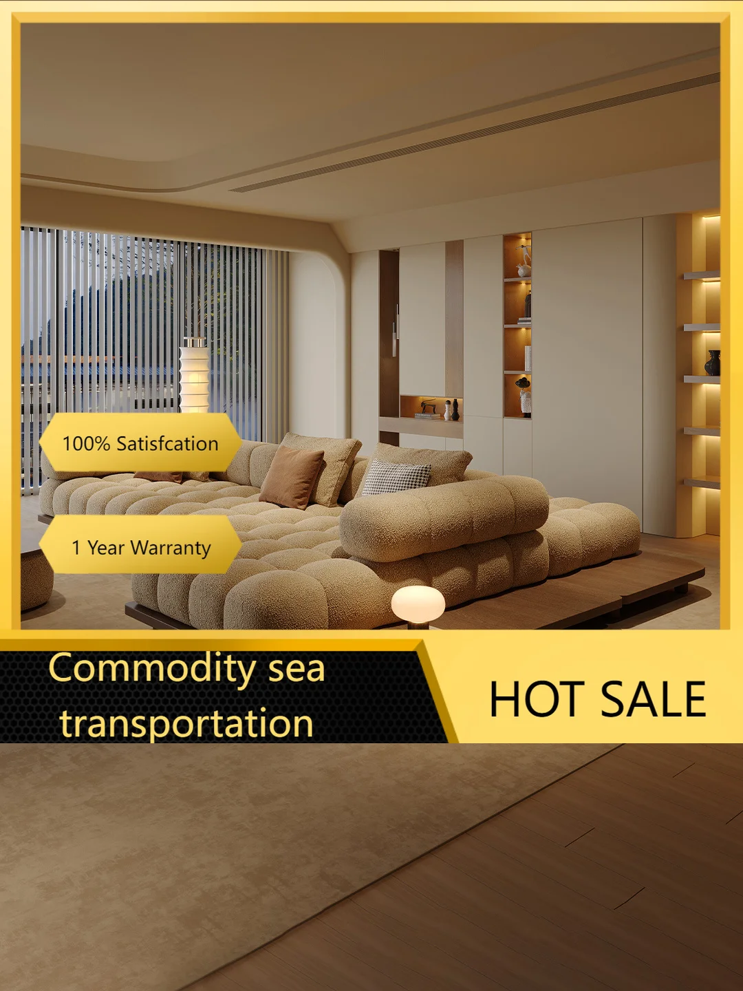 Modular L Shaped Sectional Sofa with Wooden Platform Base - Thick Sherpa Boucle Cushion - Japandi Cream Living Room Couch