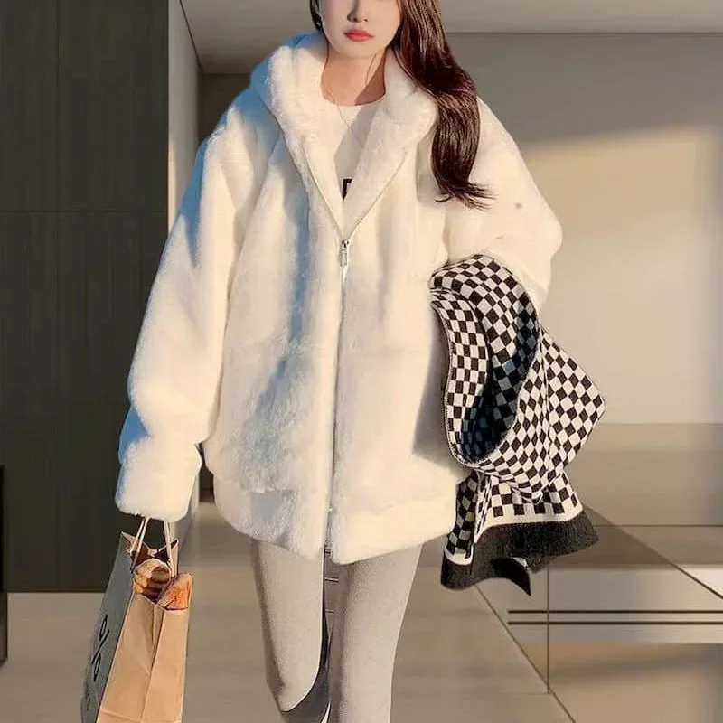 Pop Plush Coats For Women Hooded Long Sleeved Casual Vintage Ladies Winter Jackets Loose Fluffy Warm Adding Cotton Women Clothin