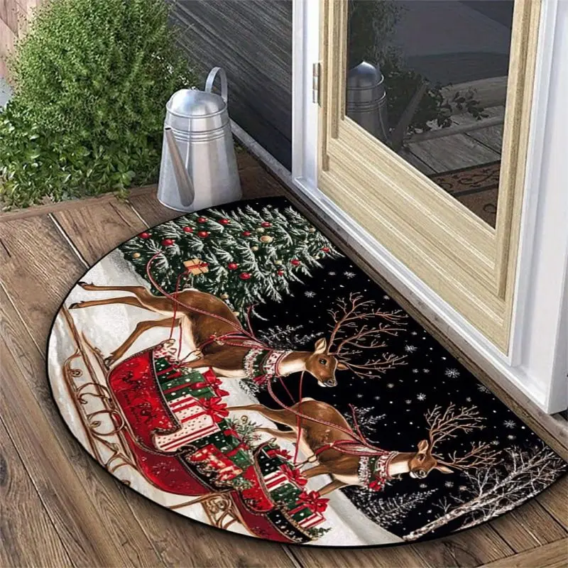 VIKAMA Christmas Oval Door Mat Reindeer Sleigh Gifts Pine Tree 2027 Front Welcome Mat Rug Non Slip Happy New Year Home Decor