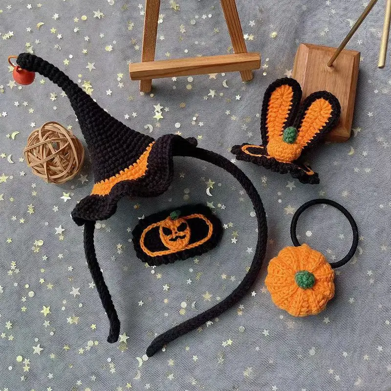 

Halloween Handmade Knitting Spooky Pumpkin Hair Clips Witch Magic Hat Hair Band Material Package Children Girls Hair Accessories