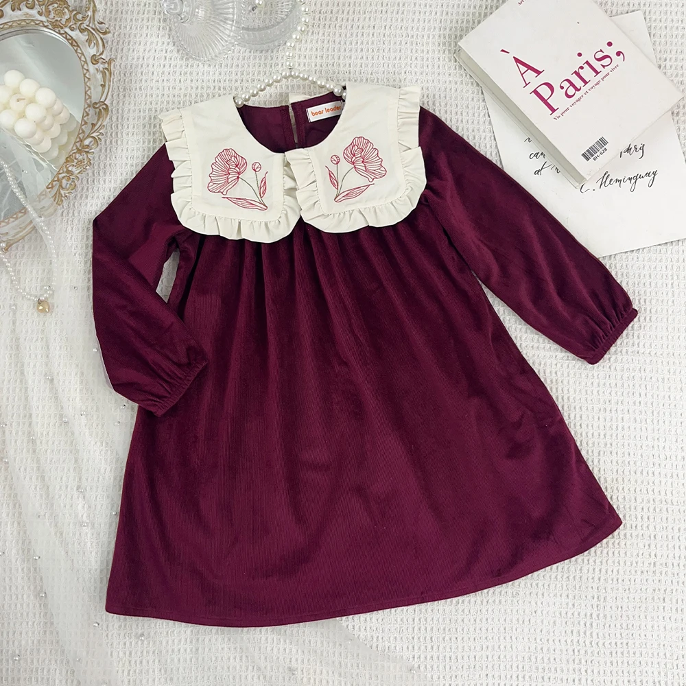 Korean Version Autumn New Item Wine Red Flower Print Lapel Long Sleeved Dress for Girls Aged 3-7