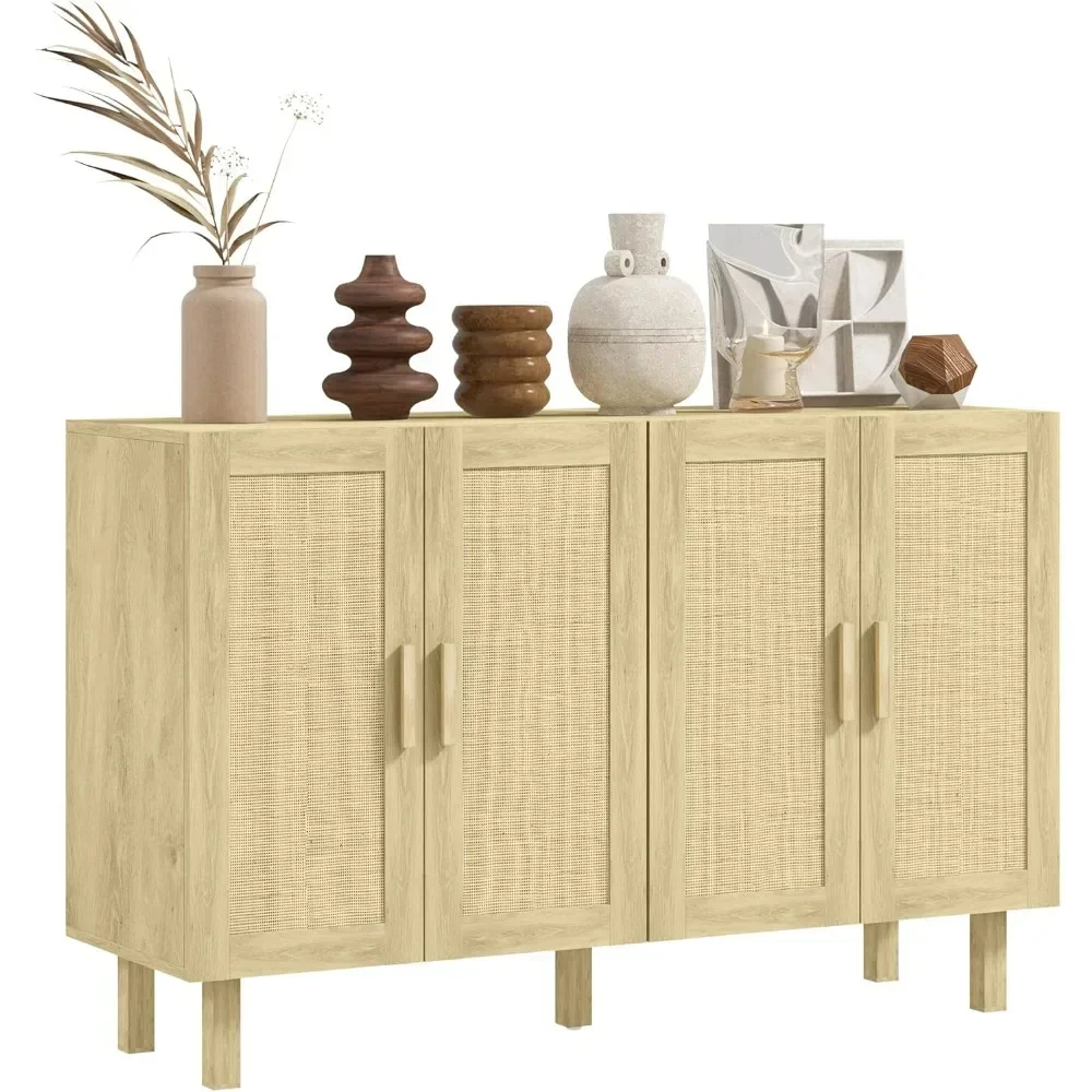 Sideboard Buffet Cabinet, Kitchen Cabinet, Coffee Bar Cabinet with 4 Rattan Doors and Adjustable Shelves, Natural