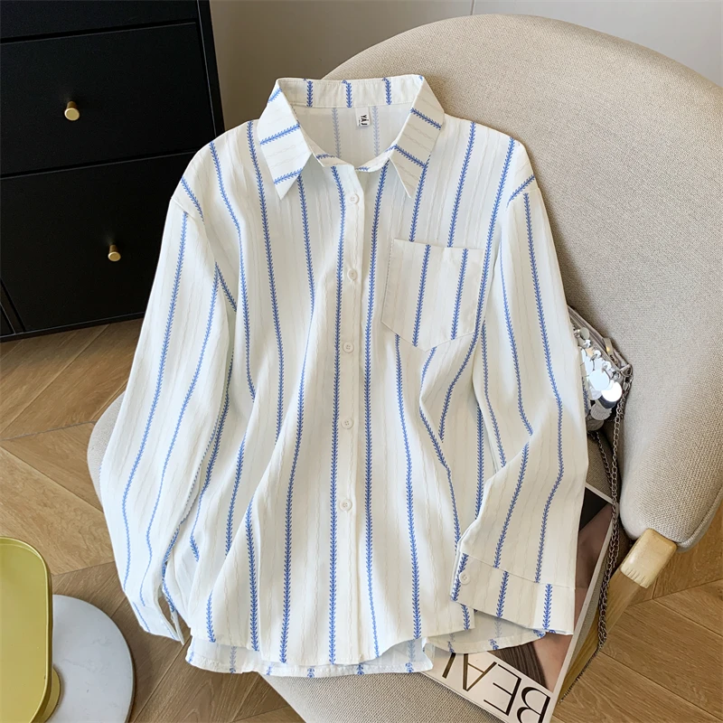 

Blue Stripe Shirt Women Spring Autumn New Korean Style Casual Loose Long Sleeve Lapel Coats Fashion Niche Single Breasted Tops
