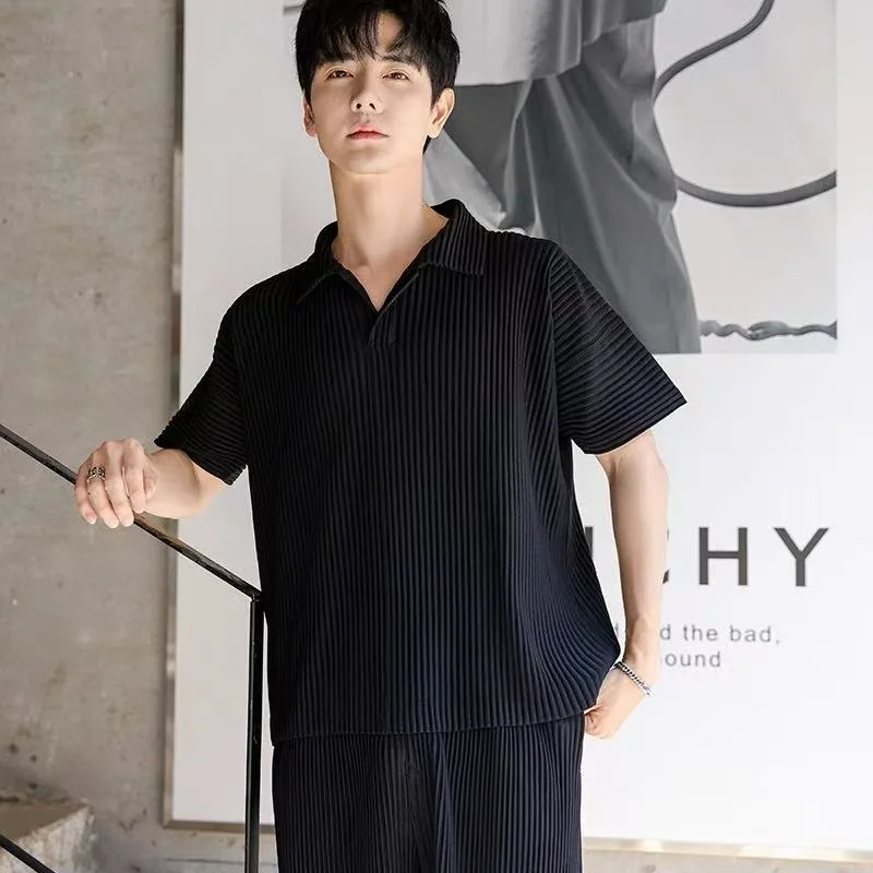 

Miyake Pleated Men’s Clothing Japanese Style Oversized Polo Shirt Short Sleeve Casual Loose Fit Lapel Top Streetwear Summer Top
