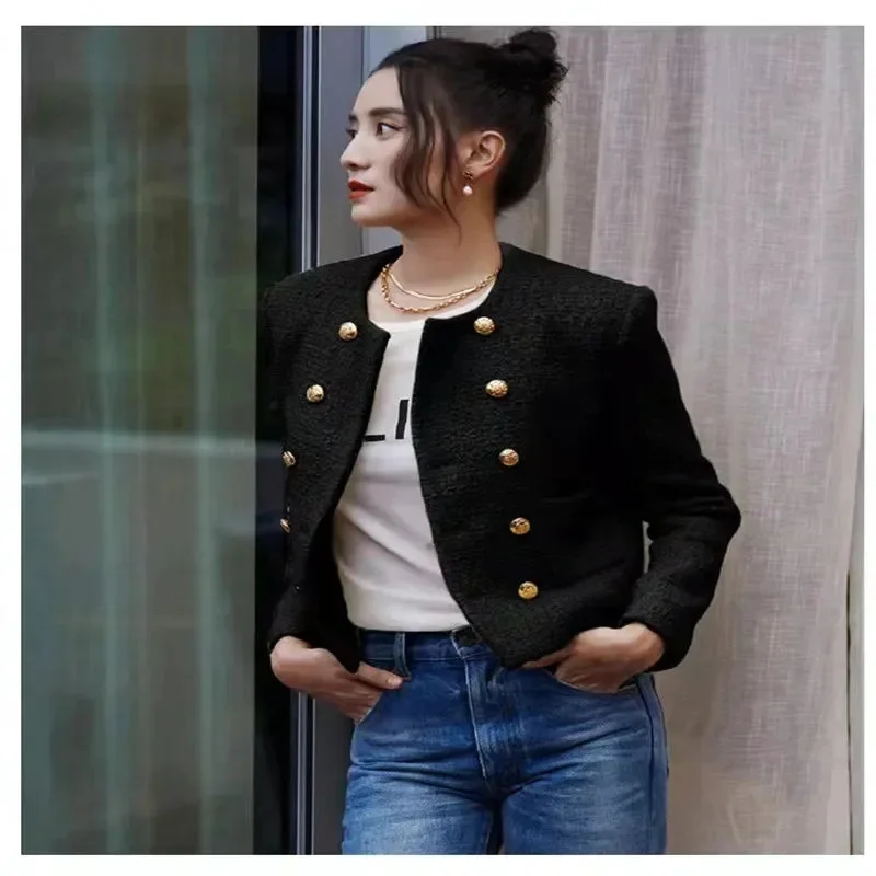 Ladies Double Breasted Buckle Short Versatile Outerwear New  Female Sleeved Coat Spring Autumn Women Round Neck Leisure Jacket