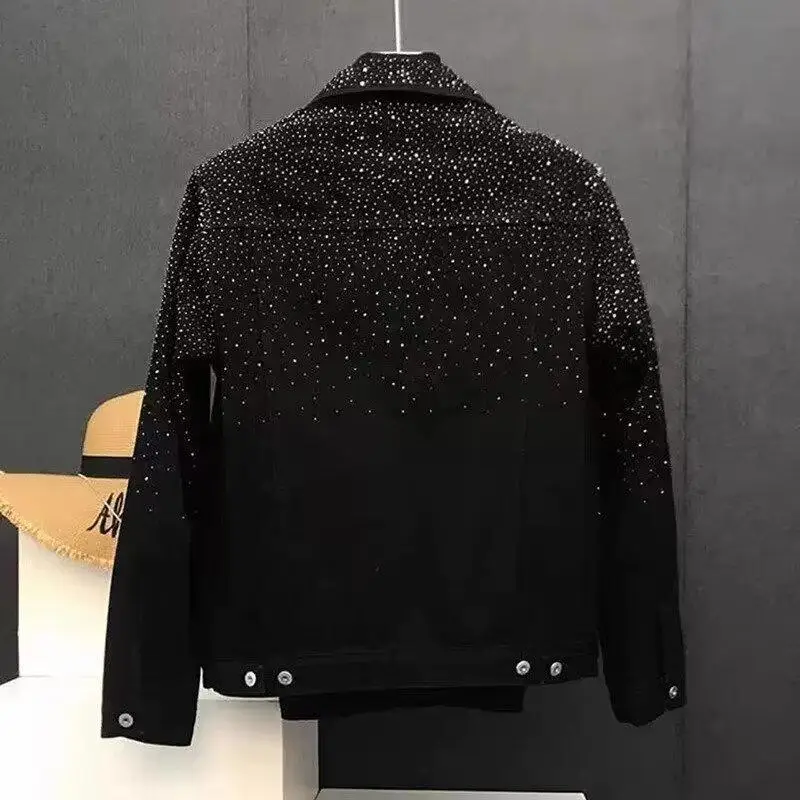 Fall Men's Denim Jacket Casual High-End Sensation Starry  Rhinestone Light Luxury Hairstylist Trendy Brand Casual Top