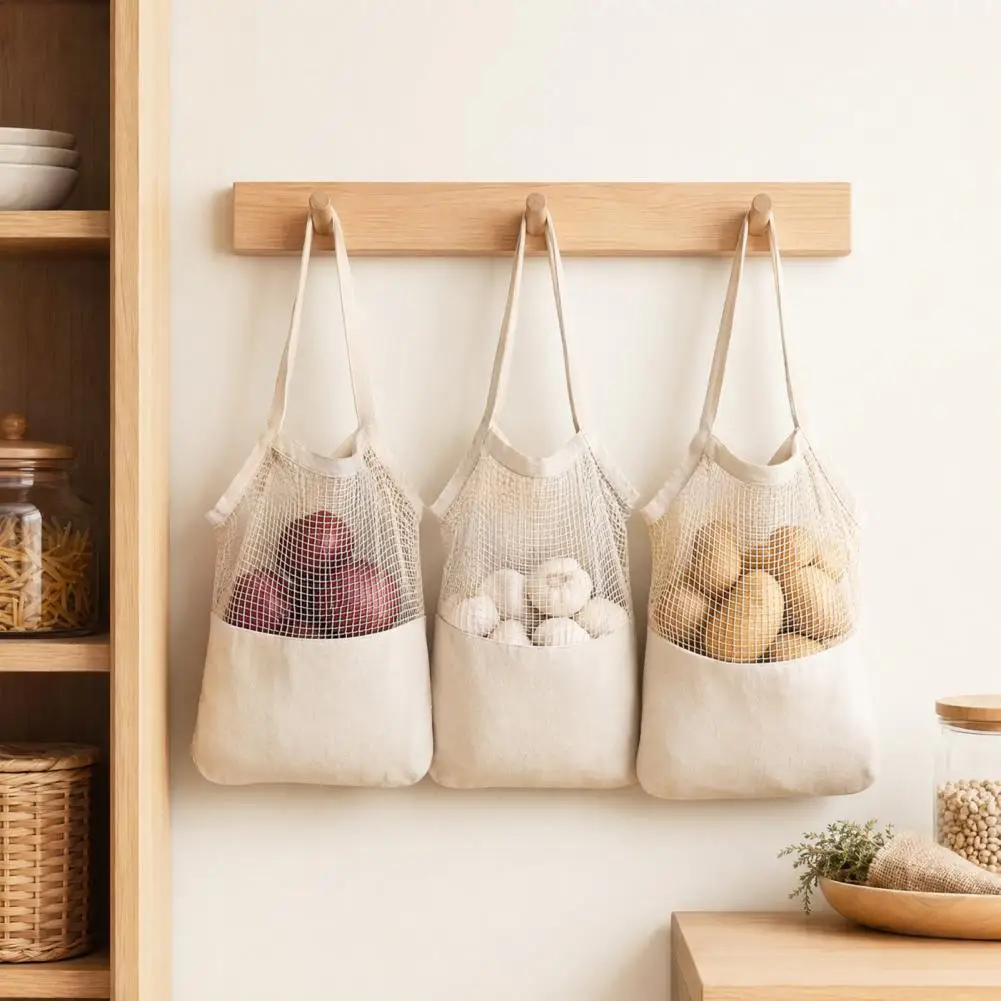 Picnic Carry Bag Canvas Shopping Bag with Breathable Mesh Splicing Design Reinforced Straps Grocery Tote Long Handle Market