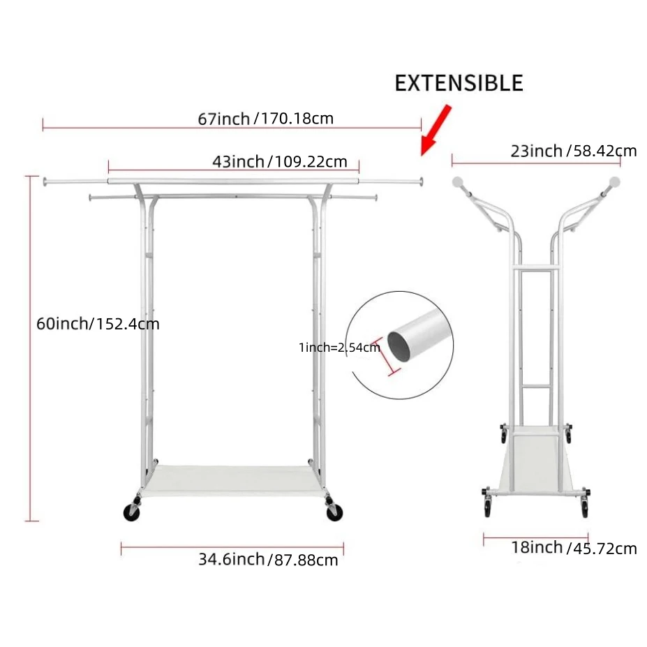 White Heavy Duty Standard Storage Supplies Horizontal Horizontal Parallel Double Pole Metal Bearing Clothing Rack