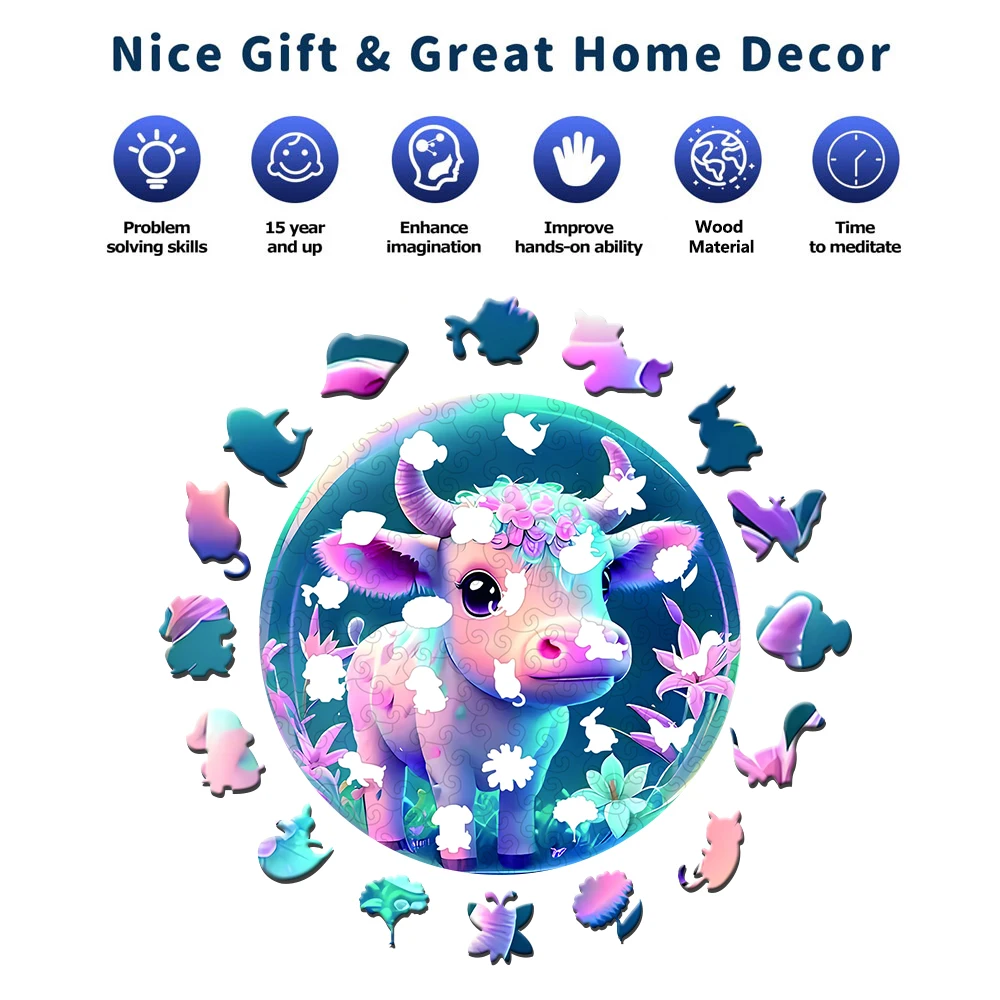 Cow Wooden Puzzle for Jigsaw lover, Uniquely Irregular Animal Shape Puzzles Wooden Toys, Christmas Birthday Gift Home Decor
