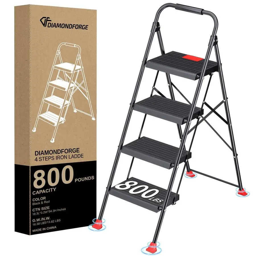 

Ladder Foldable Folding Stool for Home Adults Kitchen 4 Stepping Extension Tall Heavy Duty with Handrails Closet Stepstool Stair