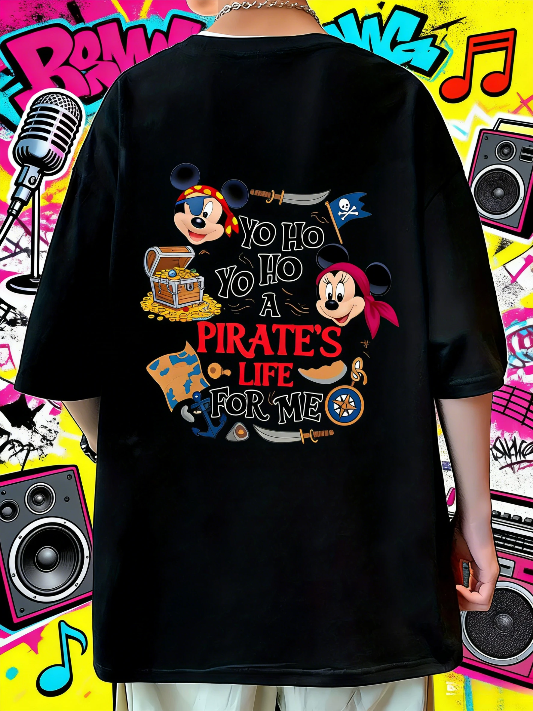 

Disney Official Pirate Life 100% Pure Cotton Printed Pattern T-shirt for Men and Women, Outdoor Casual Breathable Top Y2k