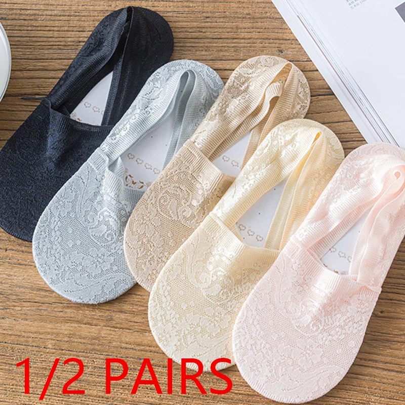 1/2 Pairs Fashion Women Girls Summer Socks Style Lace Flower No Show Short Sock Antiskid Invisible Ankle 2023 Sexy Sock Slippers