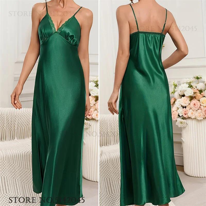 

Silky Satin Long Nightgown Home Dressing Gown Spring Summer Female Sleepwear Sexy Spaghetti Strap Nightdress Women Loungewear