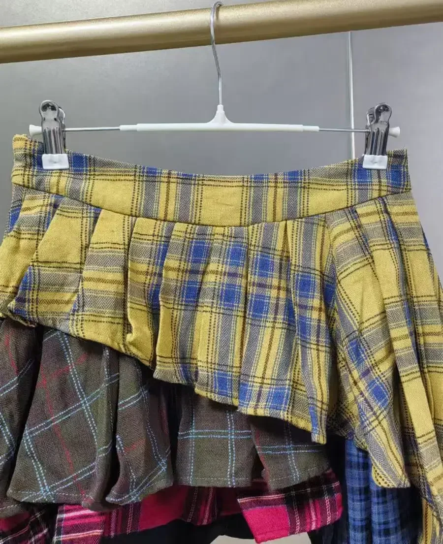 Настоящая фотография, осенний тренд, новая модная хлопковая клетчатая лоскутная юбка нестандартной формы, брюки с высокой талией, юбка, женская уличная юбка Y2K