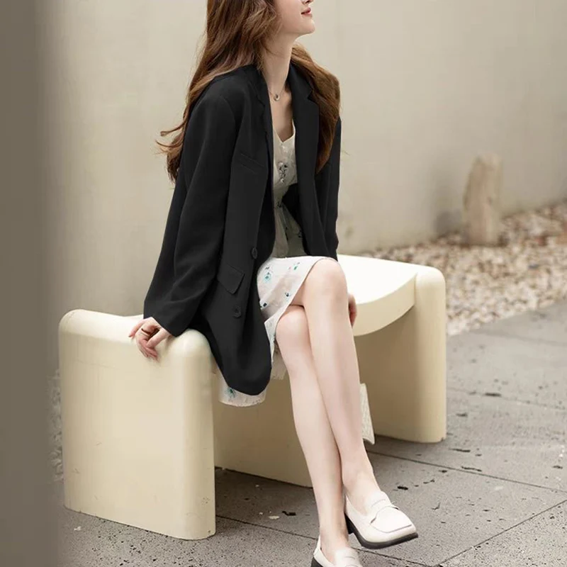 Blazer Women Loose Casual Long Sleeve High-End Coat Korean Fashion Notched Jacket Office Lady Double Breasted Solid Outwear