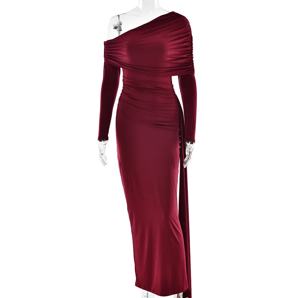 2025 Nieuwe hot-selling asymmetrische schouderlint bodycon lange mode sexy ruches slim fit jurk