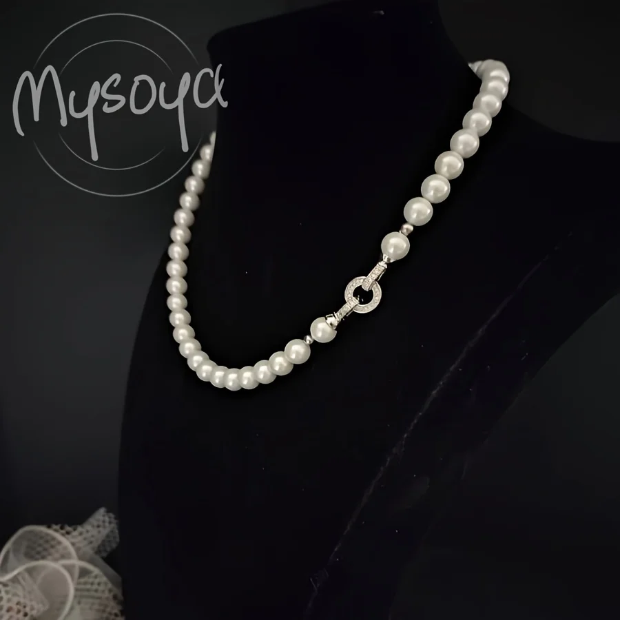 

MYSOYA Freshwater Pearl Necklace Neck Chain 7-8mm Pearl with Silvery Diamond Round Buckle, for Weddings Mother's Day Gifts