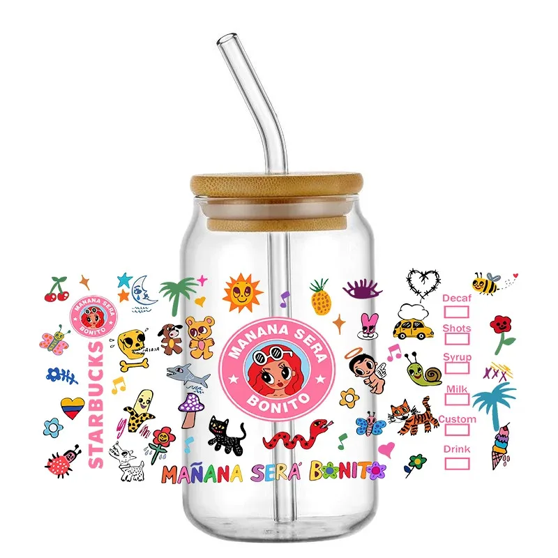 

Top Fashion UV DTF Sticker For 16oz Libbey Glass Cup Can Manana Wrap Transfer Sticker Custom DIY Logo Wholesale