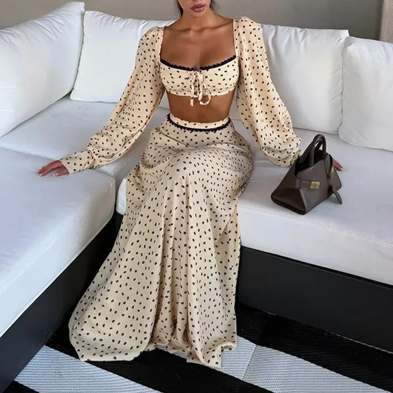 Sexy Strapless With Loose A-line Skirt Two-piece Set Women's Fashion Lace Patchwork Design Loose Suit Lady Dance Party Vestidos