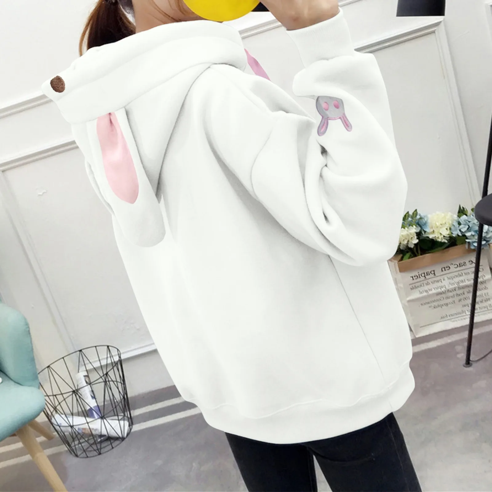 Ladies\' Winter And Winter Hooded Cute Bunny Ear Blouse Round Neck Pullover Home Fashion Casual Kawaii Coat Daily With Pockets