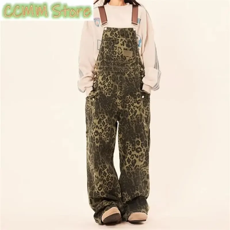Women's Leopard Print Pattern Vintage Suspender Jumpsuit Wide Leg Pants Streetwear Rompers Female Retro Casual Straight Trouser