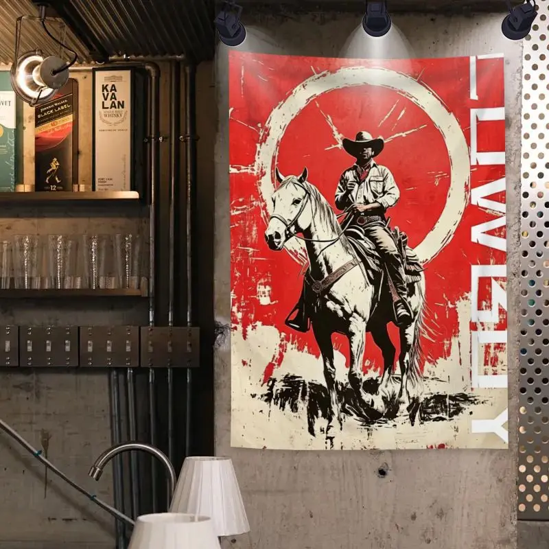 VIKAMA Western Cowboy Tapestry, Vintage Cowboy Horse Riding Poster Tapestry, Home Decor Polyester Backdrop