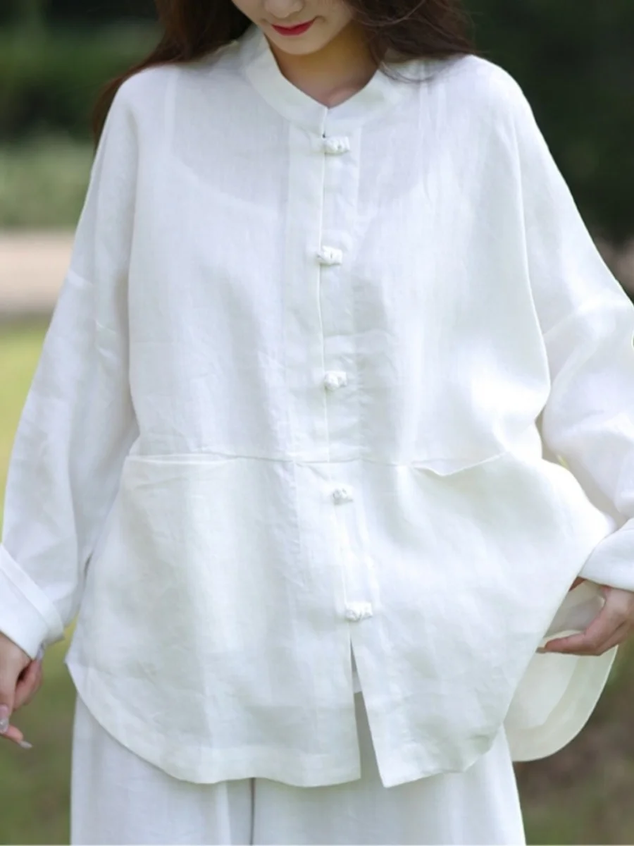新しい中国風綿麻素材の日本の女性用ジャケット、スタンドカラー、ロング丈、スリーブ、太極拳、レトロなボタン留め、カジュアル、白...