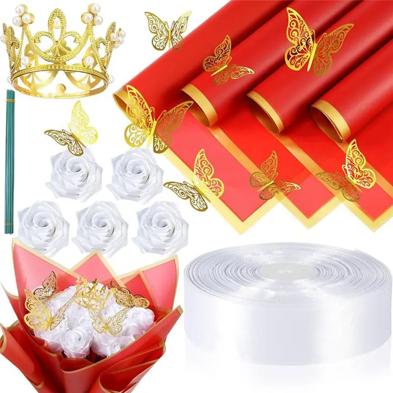 

Retail 74 Pieces DIY Artificial Roses Bouquet Fake Ribbon Flowers Bouquet 1-1/2Inch Satin Ribbon Gold Edge Wrapping Paper