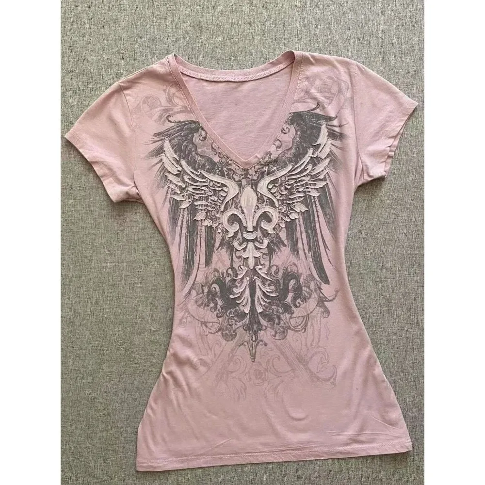 

Женская винтажная розовая футболка HOUZHOU Y2k Harajuku Aphic, весна 2026, из других материалов, 00% уличная мода, женские худи