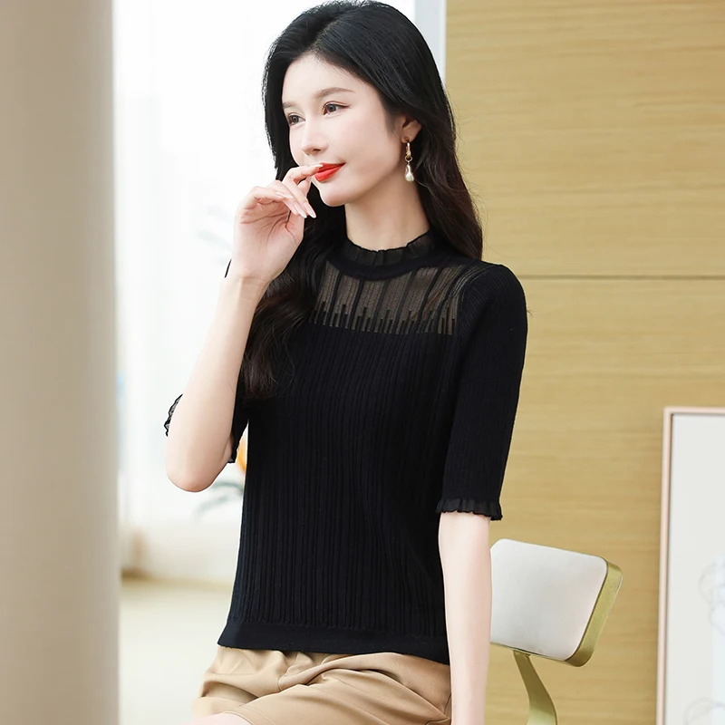 Women Cashmere Wool Blouse 2024 Spring Hollow Lace Transparent Tops Ladies Fashion Ruffled Collar Slim Knit Shirt  Half Sleeved